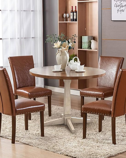 COLAMY Upholstered Parsons Dining Chairs Set of 2, PU Leather Dining Room Kitchen Side Chair with Nailhead Trim and Wood Legs - Light Brown - LeafyLoom