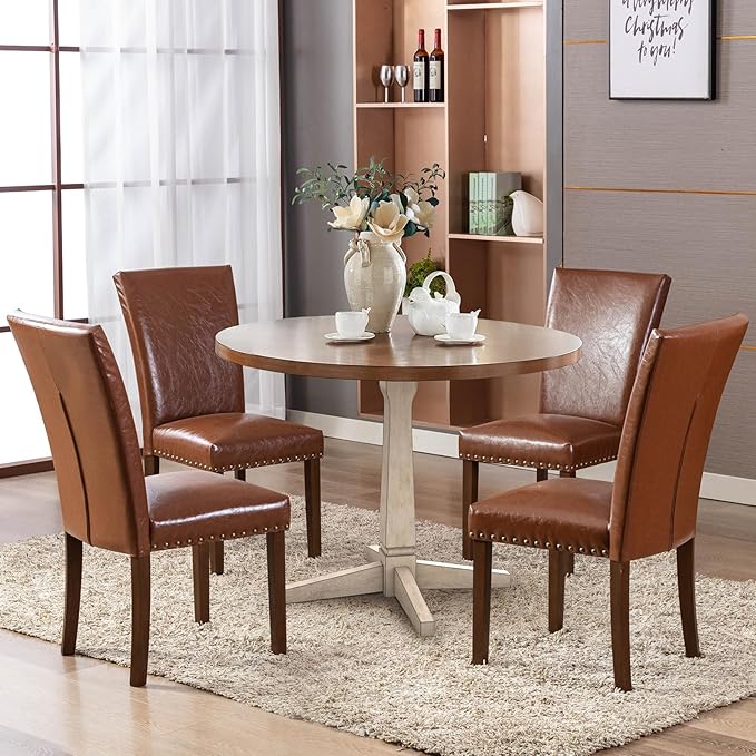 COLAMY Upholstered Parsons Dining Chairs Set of 2, PU Leather Dining Room Kitchen Side Chair with Nailhead Trim and Wood Legs - Light Brown - LeafyLoom