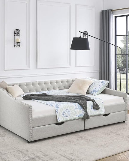 Queen Size Upholstered Daybed with Two Storage Trundle Drawers, Wooden Sofa Bed w/Button Tufted Backrest and Waved Shape Arms, No Box Spring Needed, for Living Room, Bedroom, Dorm, Beige - LeafyLoom