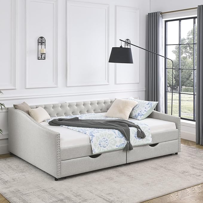 Queen Size Upholstered Daybed with Two Storage Trundle Drawers, Wooden Sofa Bed w/Button Tufted Backrest and Waved Shape Arms, No Box Spring Needed, for Living Room, Bedroom, Dorm, Beige - LeafyLoom