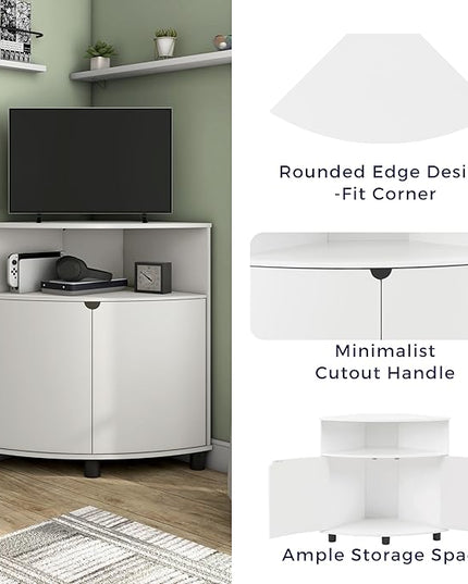 Berg Modern 31-inch 16 Colors LED Corner Cabinet with Doors and 2 Shelves, USB Charge Cord, Small TV Stand for Living Room, Home Office, White Pure - LeafyLoom