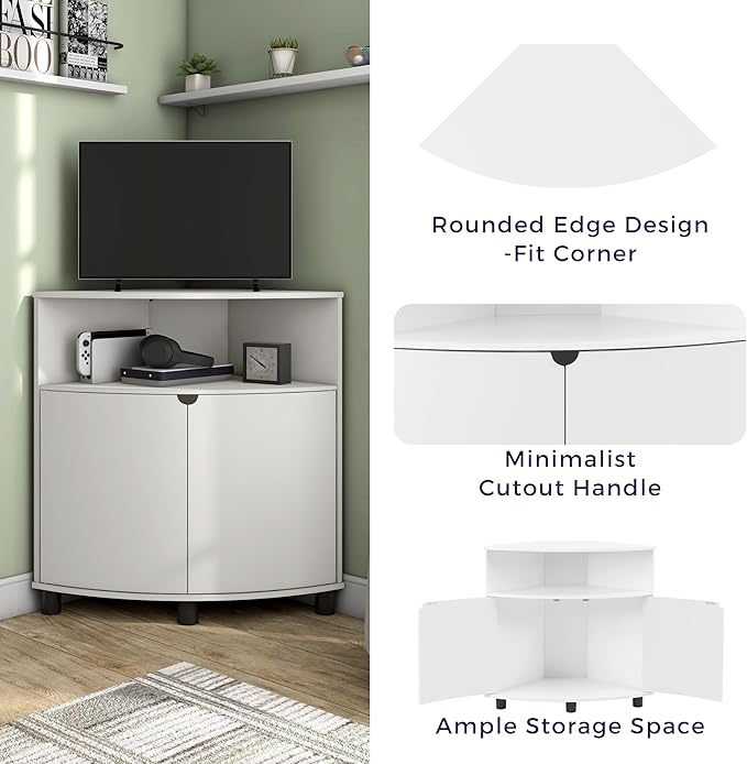 Berg Modern 31-inch 16 Colors LED Corner Cabinet with Doors and 2 Shelves, USB Charge Cord, Small TV Stand for Living Room, Home Office, White Pure - LeafyLoom