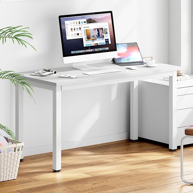 DlandHome 47 inches Medium Computer Desk, Home Composite Wood Board Desk, Decent and Steady Home Office School Desk/Workstation/Table, BS1-120WW White and White Legs, 1 Pack - LeafyLoom