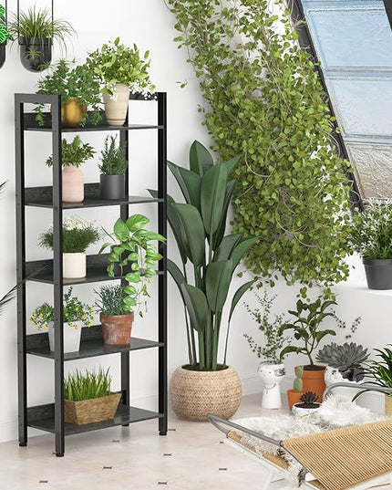 Furologee 5-Tier Bookshelf, Tall Bookcase with 2 Storage Drawers, Industrial Display Standing Shelf Units, Wood and Metal Storage Shelf for Living Room, Bedroom, Home Office, Black Oak - LeafyLoom