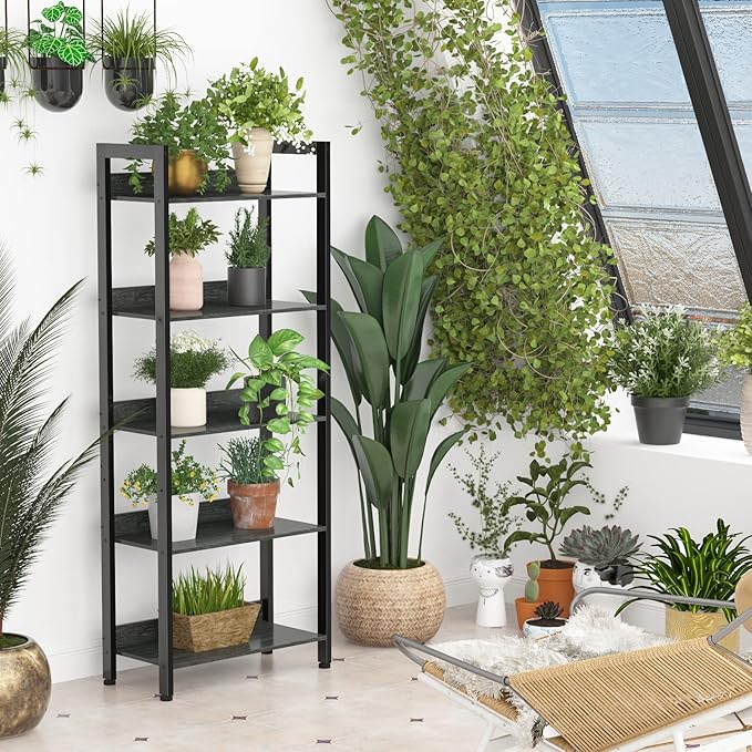 Furologee 5-Tier Bookshelf, Tall Bookcase with 2 Storage Drawers, Industrial Display Standing Shelf Units, Wood and Metal Storage Shelf for Living Room, Bedroom, Home Office, Black Oak - LeafyLoom