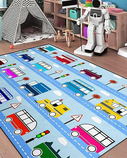 Car Rug Car Play Mat Kids Rugs for Playroom Car Rug Play Mat Rugs for Boys Bedroom Car Carpet for Kids Play Rug for Cars and Trucks Car Rug for Boys Room,Light Blue 3'×5' - LeafyLoom