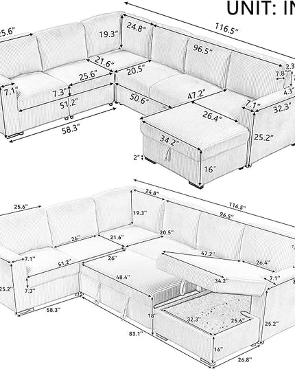 116.5" U-Shaped Corduroy Modular Sectional Storage Chaise and Pulled Out Bed, 6-Seater Oversized Corner Sofa w/USB Interfaces for Living Room, Office, Spacious Space, Gray, 116.5 Inch - LeafyLoom