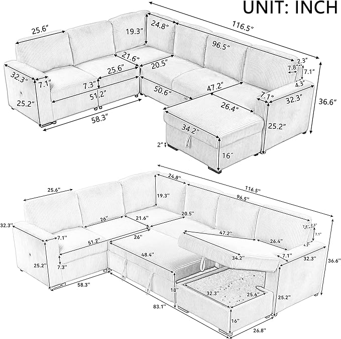 116.5" U-Shaped Corduroy Modular Sectional Storage Chaise and Pulled Out Bed, 6-Seater Oversized Corner Sofa w/USB Interfaces for Living Room, Office, Spacious Space, Gray, 116.5 Inch - LeafyLoom