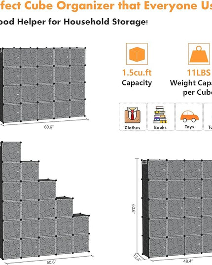 C&AHOME Cube Storage Organizer, 20-Cube Storage Shelving with Doors, Modular Book Shelf, Plastic Shelves Organizing Units, Ideal for Bedroom Living Room 48.4" L × 12.4" W × 60.6" H Black SHS3020B-DOOR - LeafyLoom