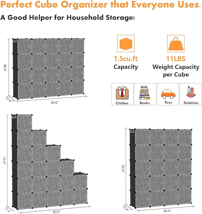 C&AHOME Cube Storage Organizer, 20-Cube Storage Shelving with Doors, Modular Book Shelf, Plastic Shelves Organizing Units, Ideal for Bedroom Living Room 48.4" L × 12.4" W × 60.6" H Black SHS3020B-DOOR - LeafyLoom