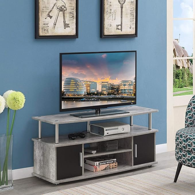 Convenience Concepts Designs2Go Monterey TV Stand with Cabinets and Shelves, Faux Birch/Black - LeafyLoom