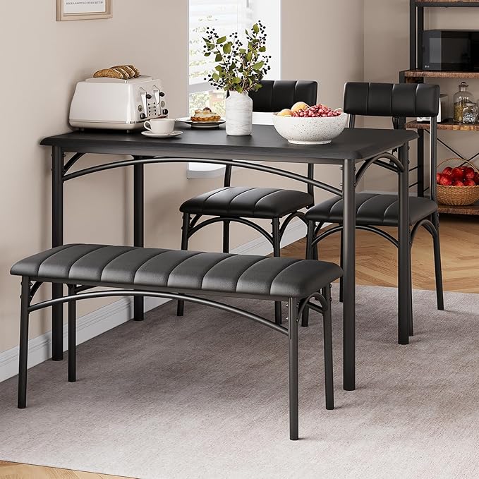 GAOMON Dining Table Set for 4, Kitchen Table with Upholstered Chairs and Bench, 4-Person Dining Room Table Set, Rectangular Kitchen Table Set for Small Space, Apartment, Home, Studio, Rustic Black - LeafyLoom