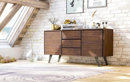 SIMPLIHOME Lowry SOLID ACACIA WOOD and Metal 60 Inch Wide Rectangle Modern Industrial Sideboard Buffet in Distressed Charcoal Brown, For the Dining Room and Kitchen - LeafyLoom