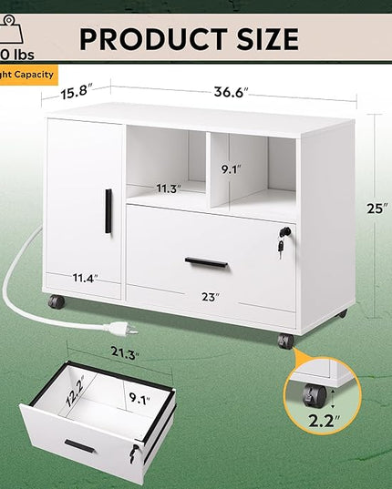 DEVAISE File Cabinet with Charging Station, 1-Drawer Lateral File Cabinets with lock for home office, Wooden Rolling Printer Stand with Shelves, White - LeafyLoom