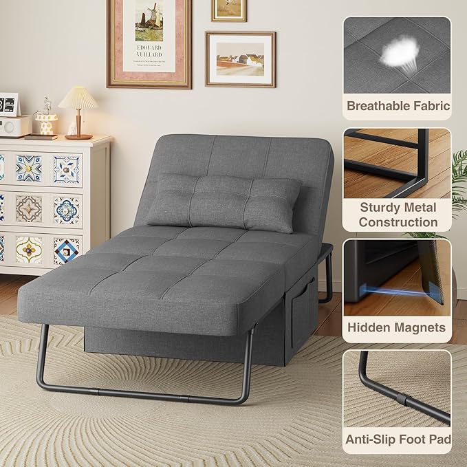 Sleeper Chair Bed, 4 in 1 Convertible Chair Bed Sofa Bed, Assembly-Free Sofa Chair Bed with Adjustable Backrest and Pillow, Modern Breathable Linen Fabric for Living Room Apartment Office, Dark Grey - LeafyLoom