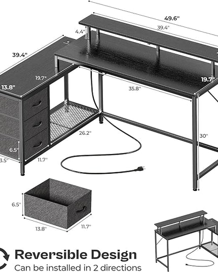 Reversible L Shaped Computer Desk with Drawers, Gaming Desk with LED Lights and Power Outlets, Office Desk with Storage Shelves, for Home & Office, Black - LeafyLoom