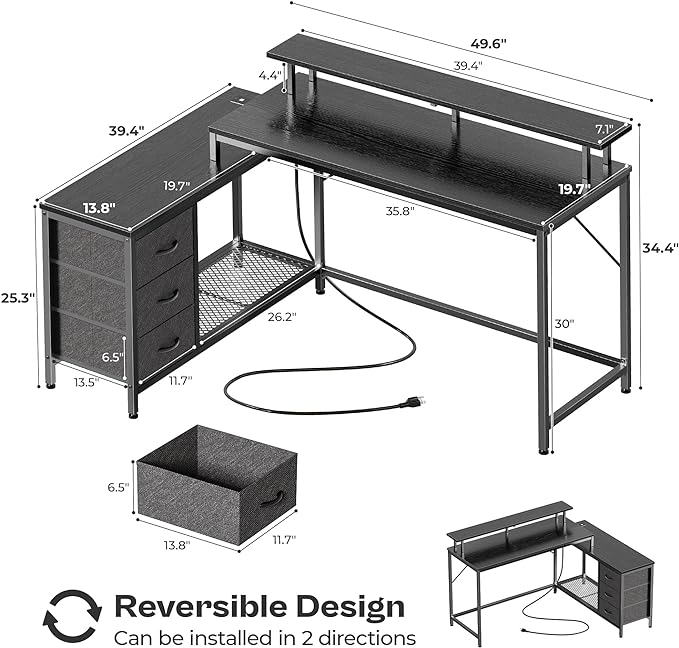 Reversible L Shaped Computer Desk with Drawers, Gaming Desk with LED Lights and Power Outlets, Office Desk with Storage Shelves, for Home & Office, Black - LeafyLoom