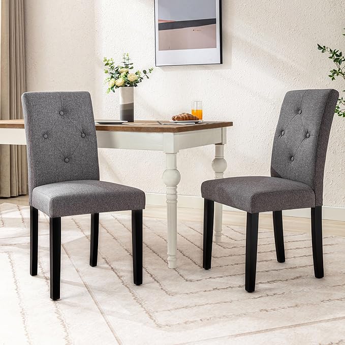 VECELO Upholstered Dining Chairs Set of 2 Modern Fabric and Solid Wood Legs &High Back for Kitchen/Living Room-DGRY - LeafyLoom