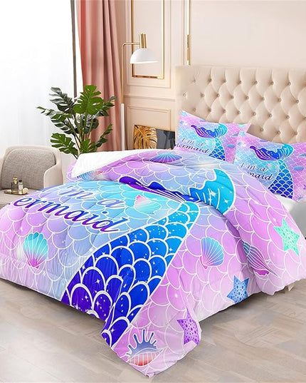3Pcs Mermaid Girls Comforter Sets Queen Size Ultra Soft Mermaid Fish Scale Patterns Bedding Set Mermaid Bedroom Decor for Girls Mermaid Tail Scales Bed Set, 1 Comforter+2 Pillow Shams - LeafyLoom