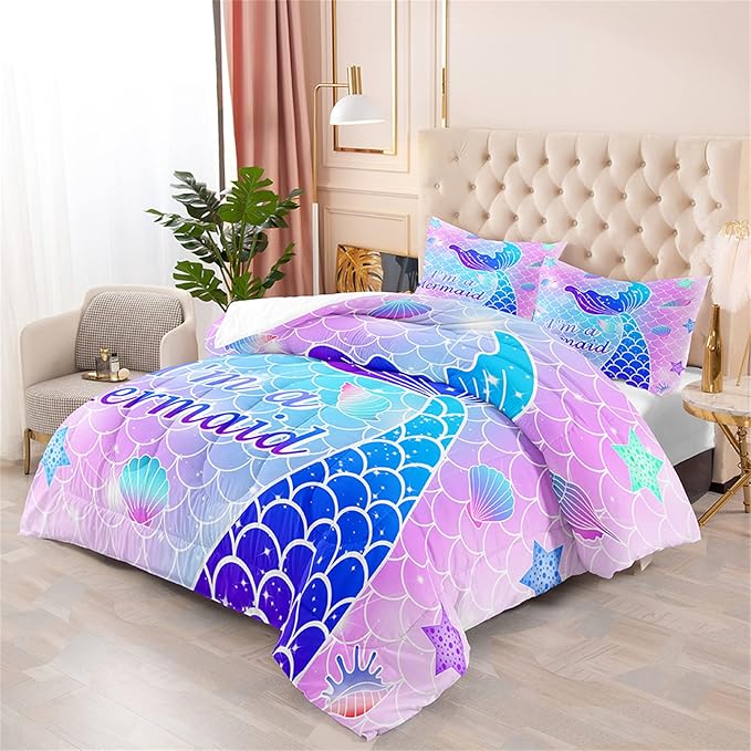 Pink Mermaid Full Size Bedding Set for Girls, Girls Mermaid Comforter Set Full, 3Pcs Mermaid Bedding Full, Ultra Soft Breathable Mermaid Skin Surface Scales Quilt with 2 Pillowcases - LeafyLoom