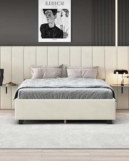 Queen Upholstered Platform Bed Frame with Extended Headboard and and Two Shelves, Velvet Bed, No Box Spring Needed, Beige - LeafyLoom