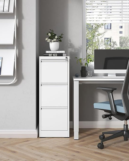 3 Drawer File Cabinet with Lock, Metal Vertical Filing Cabinets for Home Office, Steel Storage Cabinet for Hanging Legal/Letter Size Files, Assembly Required (White) - LeafyLoom