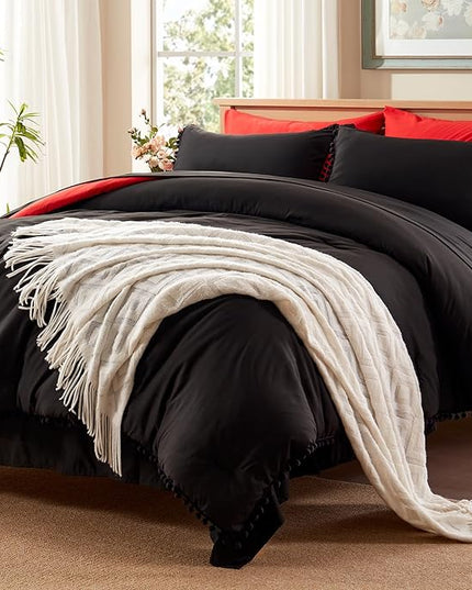 Anluoer King Comforter Set 7 Piece, Black Bed in a Bag with Sheets, Pom Pom Boho Bedding Comforter Sets with 1 Comforter, 2 Pillow Shams, 2 Pillowcases, 1 Flat Sheet, 1 Fitted Sheet - LeafyLoom