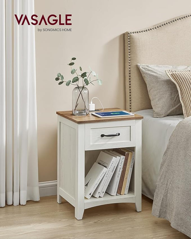 VASAGLE Farmhouse Nightstand with Charging Station, Bedside Table with Drawer, Open Compartment, Side Table with Storage, for Bedroom, Rustic White and Honey Brown ULET659K41 - LeafyLoom