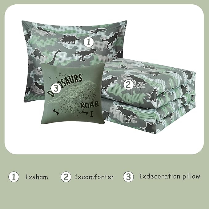 KALEIDOSPACE Kids Comforter Set Twin Size for Boys, Glow in The Dark Dinosaur Bedding Set Twin-1 Twin Comforter, 1 Decor Pillow, 1 Pillow Sham - LeafyLoom