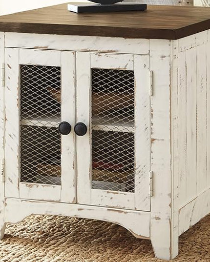 Signature Design by Ashley Wystfield Farmhouse Square Storage Coffee Table with Hinged Lift Top, Distressed White and End Table with Storage, Distressed White & Brown Finish - LeafyLoom