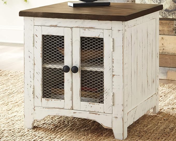 Signature Design by Ashley Wystfield Farmhouse Square Storage Coffee Table with Hinged Lift Top, Distressed White and End Table with Storage, Distressed White & Brown Finish - LeafyLoom