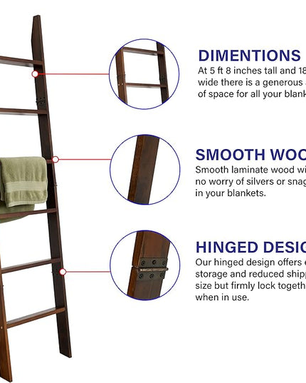 VASGOR 68" Blanket Ladder Wooden Decorative, Wall Leaning Blanket Holder Rack (Rustic) - LeafyLoom