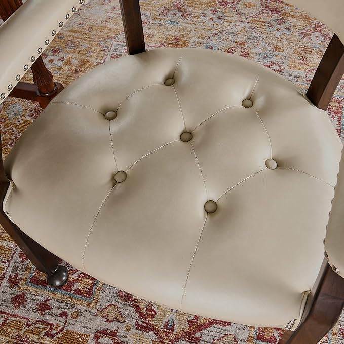 Large Dining Chairs with Casters and Arms, Rolling Dining Chairs with Wheels, Solid Wood Office Desk Chairs, 26“Dx25.2 Wx31.5“H, Espresso Legs & Beige PU, XXY-1910-BG - LeafyLoom