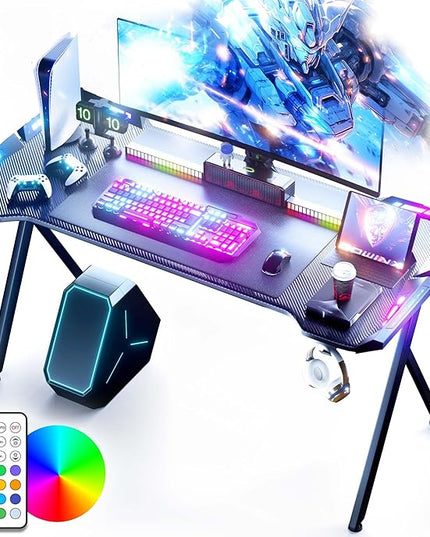 Dowinx Gaming Desk with LED Lights, RGB Gaming Computer Table with Carbon Fibre Surface, LED Home Office Desk with Remote Control, Pc Workstation, 47 Inch, Black - LeafyLoom