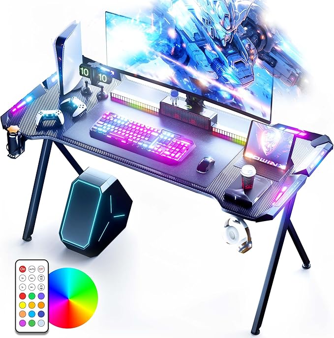Dowinx Gaming Desk with LED Lights, RGB Gaming Computer Table with Carbon Fibre Surface, LED Home Office Desk with Remote Control, Pc Workstation, 47 Inch, Black - LeafyLoom