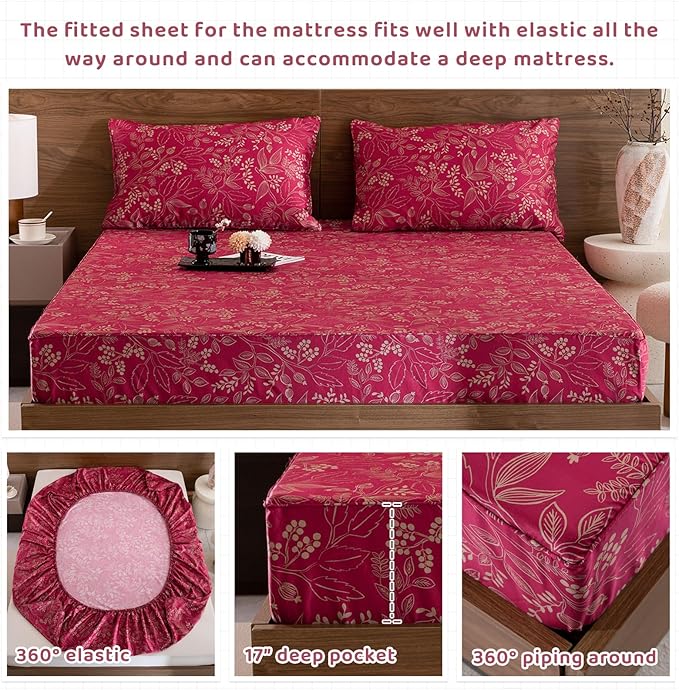 QSH Floral King Size Sheet Sets - 100% Egyptian Cotton Floral Bedding Sheets Red Flower Pattern Botanical Printed Bedding King Size Bed Sheets 17.5" Extra Deep Pocket 4pcs - LeafyLoom