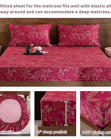 QSH Floral Queen Size Sheet Sets - 100% Egyptian Cotton Sheets Elegant Red Flower Pattern Botanical Printed Bedding Sheets Queen Size Bed Extra Soft and Breathable 4pcs Deep Pockets Bed Sheets - LeafyLoom