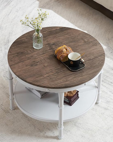 VINGLI 25.6" Dark Walnut White Round Farmhouse Coffee Table, 2-Tier Storage Wood Center Circle Accent Table for Living Room, Bedroom, Apartment, Studio and Small Spaces, Sturdy Metal Frame - LeafyLoom
