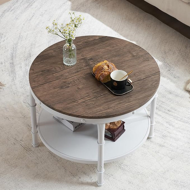 VINGLI 25.6" Dark Walnut White Round Farmhouse Coffee Table, 2-Tier Storage Wood Center Circle Accent Table for Living Room, Bedroom, Apartment, Studio and Small Spaces, Sturdy Metal Frame - LeafyLoom