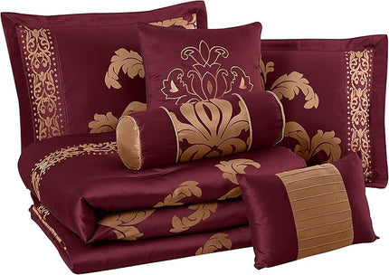 Chezmoi Collection 7-Piece Jacquard Floral Comforter Set (California King, Maroon) - LeafyLoom
