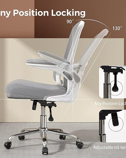 Ergonomic Office Chair, Comfortable Office Chair with Flip-up Arms, Adaptive Lumbar Support, Mesh Computer Chair with Thick Cushion, White Desk Chair with 90°-130° Tilt Function - LeafyLoom
