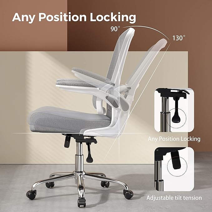 Ergonomic Office Chair, Comfortable Office Chair with Flip-up Arms, Adaptive Lumbar Support, Mesh Computer Chair with Thick Cushion, White Desk Chair with 90°-130° Tilt Function - LeafyLoom