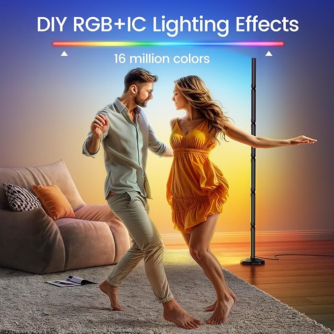 bedee LED Corner Floor Lamp: DIY Shaped RGB Floor Lamp with Music Sync and Timing, Modern 16 Million Color Changing Standing Light with Smart Remote & App Control for Living Room Gaming Room Bedroom - LeafyLoom