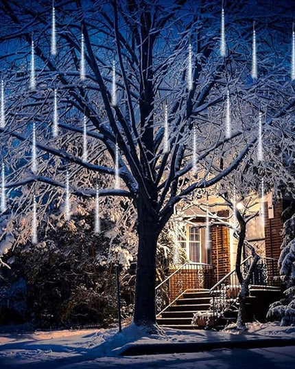 Christmas Lights Outdoor UL Certified Meteor Shower Lights 12Inch 8Tubes 192LED Falling Rain Drop Lights Icicle Snow Cascading Xmas Lights for Tree Wedding Party Garden Decoration,White Weepong