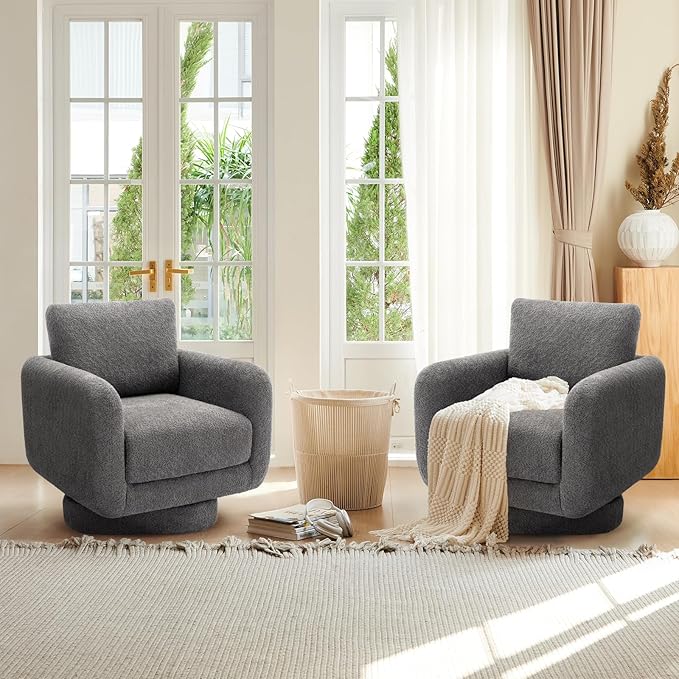 COLAMY Swivel Accent Chairs for Living Room, 32Inches Wide Upholstered Armchair with Plush Back Pillow, Modern Sofa Corner Barrel Chair for Nursery/Living Room/Bedroom-Grey - LeafyLoom