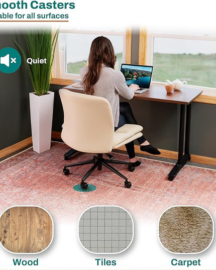 Criss Cross Chair with Wheels - Cross Legged Office Chair, Wide Armless Desk Chair Comfy Swivel Vanity Chair for Home Office, PU Leather - Beige - LeafyLoom
