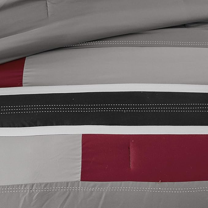 Mi Zone Cozy Comforter Set Geometric Stripes Vibrant Color Design All Season Bedding Matching Shams, Decorative Pillow, Full/Queen, Red/Grey, 4 Piece - LeafyLoom