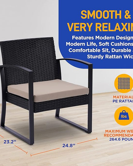SereneLife Patio Outdoor Furniture, 3 Pcs. Per Set-includes 2 Single Chairs with Soft Cushion and 1 Glass-top Coffee Table, Black Weather-Resistant Resin Wicker Rattan, Brown - LeafyLoom