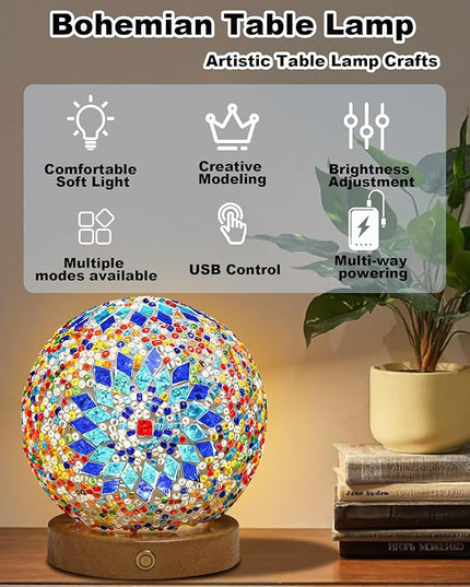 Turkish Table lamp,Bedside Lamps with Wooden Base,Bohemian Tiffany Style Bedroom Lamps,Mosaic Glass Retro Home Decor,Moroccan Lantern for Living Room,Office,Halloween Decorations(Blue) - LeafyLoom