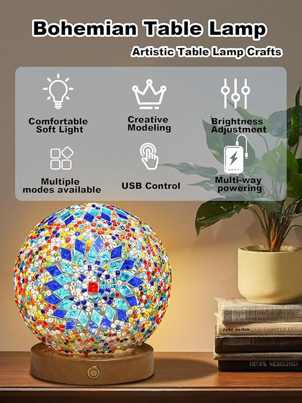 Turkish Table lamp,Bedside Lamps with Wooden Base,Bohemian Tiffany Style Bedroom Lamps,Mosaic Glass Retro Home Decor,Moroccan Lantern for Living Room,Office,Halloween Decorations(Blue) - LeafyLoom